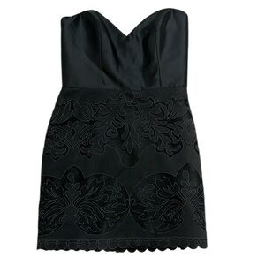VTG Black Strapless Mini Dress Lined Sheer Textured Appliqué Goth Moto Edgy 12